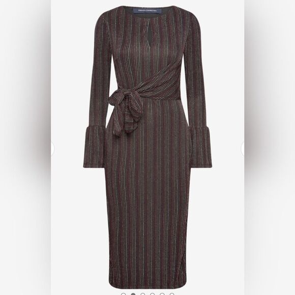 NWT French Connection PAULA KEYHOLE DRESS Midi dresses sz S black stripe party - Picture 5 of 15
